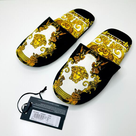 NWT Versace Medusa Slip-On Slippers Size M (8-9) Renaissance-Print Black Gold - Picture 6 of 9